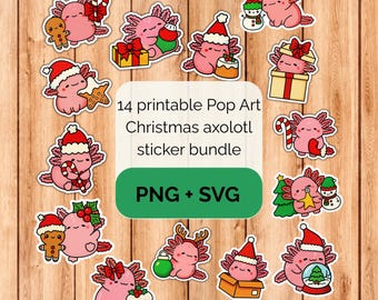 Pop Art Kawaii Christmas axolotl sticker bundle - PNG SVG digital download