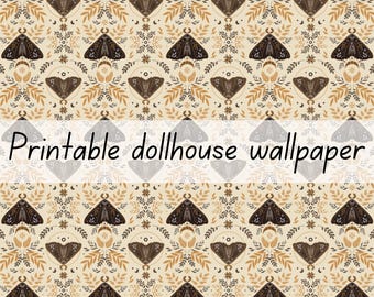Fall moth autumn dollhouse wallpaper 1:6 scale printable download