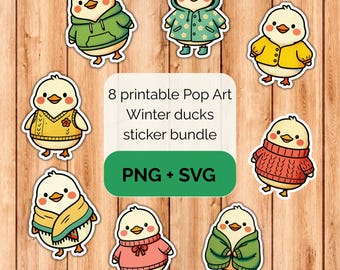 Pop Art Kawaii winter ducks sticker bundle - PNG SVG digital download