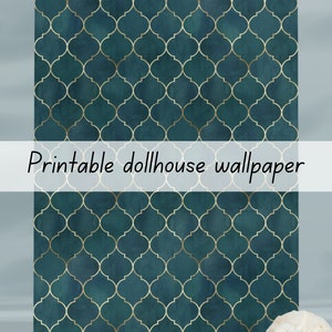 Carta da parati per casa delle bambole verde e oro design marocchino mediorientale scala 1:6 stampabile da scaricare