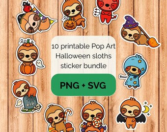 Pop Art Kawaii Halloween sloths sticker bundle - PNG SVG digital download