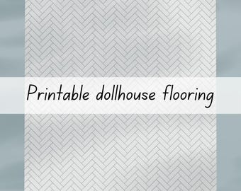 Tiled dollhouse flooring kitchen bathroom white grey herringbone 1-6 & 1-12 scale printable download