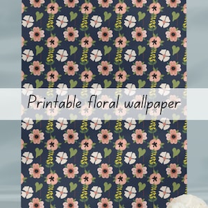 Floral dark blue dollhouse wallpaper 1:6 scale printable download
