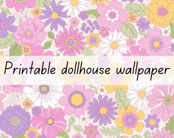 Retro flower dollhouse wallpaper 1:6 scale printable download
