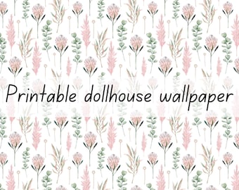 Pink and white flower dollhouse wallpaper 1:6 scale printable download