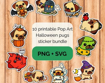 Pop Art Kawaii Halloween pugs sticker bundle - PNG SVG digital download