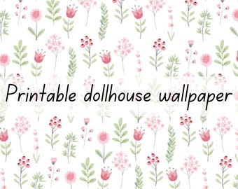 Ditsy pink and white flower dollhouse wallpaper 1:6 scale printable download
