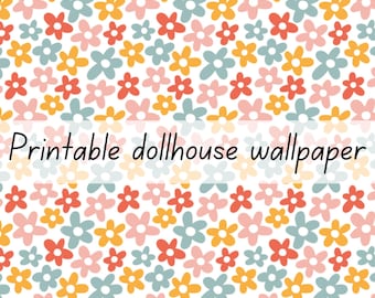 Colourful flower dollhouse wallpaper 1:6 scale printable download
