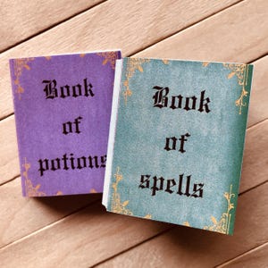 May include: Two small, decorative books with gold trim. The purple book says "Book of potions" and the blue book says "Book of spells".
