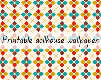 Yellow, colourful flowers dollhouse wallpaper 1:6 scale printable download