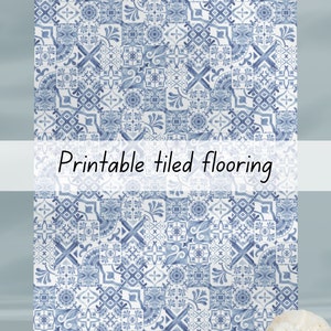 May include: Printable tiled flooring pattern in blue and white with intricate floral and geometric designs. The pattern is perfect for creating a unique and stylish look in any room.