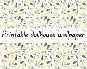 Small yellow and grey flower dollhouse wallpaper 1:6 scale printable download