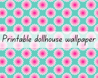 Blue, teal flowers dollhouse wallpaper 1:6 scale printable download