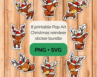 Pop Art Christmas reindeer sticker bundle - PNG SVG digital download