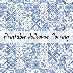 Tiled dollhouse flooring kitchen bathroom blue white tiles 1:6 scale printable download