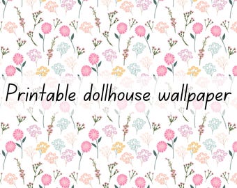 Pink, blue and yellow floral dollhouse wallpaper 1:6 scale printable download