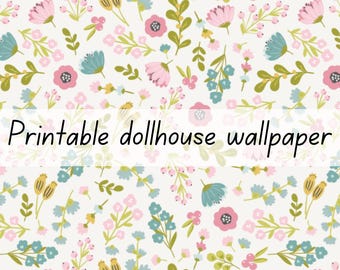 Pink and blue flower dollhouse wallpaper 1:6 scale printable download