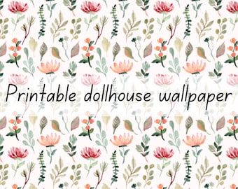 Watercolour pink and white flower dollhouse wallpaper 1:6 scale printable download