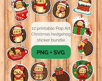 Pop Art Kawaii Christmas hedgehog sticker bundle - PNG SVG digital download
