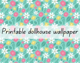 Green floral dollhouse wallpaper 1:6 scale printable download