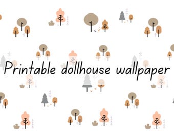 Brown mini trees dollhouse nursery wallpaper 1:6 scale printable download