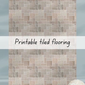 Könnte beinhalten: Druckbares Fliesenbodenmuster in Beige- und Grautönen. Das Muster besteht aus rechteckigen Fliesen, die in einem versetzten Muster angeordnet sind.