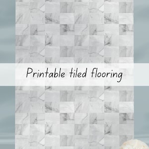 May include: Printable tiled flooring with a white marble pattern. The tiles are arranged in a staggered pattern.