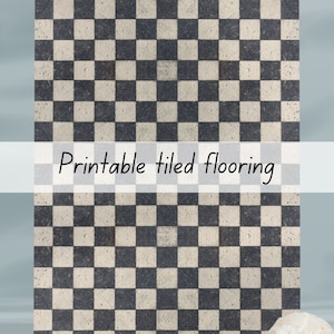 以下が含まれることがあります： 白黒の市松模様のタイル張りの床の印刷可能なパターン。タイルは薄いベージュと濃いグレーの色です。