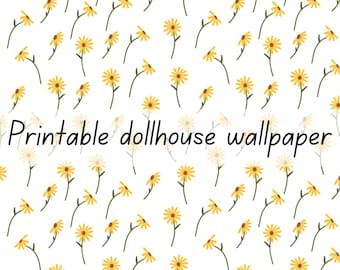 Small yellow and green flower dollhouse wallpaper 1:6 scale printable download