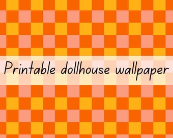 Retro orange and pink squares dollhouse wallpaper 1:6 scale printable download