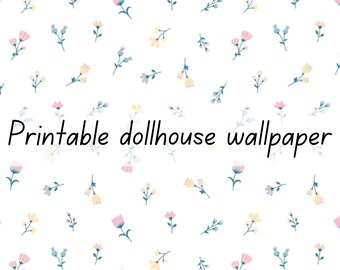 Ditsy pink, blue and yellow flower dollhouse wallpaper 1:6 scale printable download