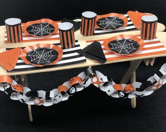 Mini Halloween decorations - bunting, flags, rosettes, table setting - 1:6 scale printable dollhouse download