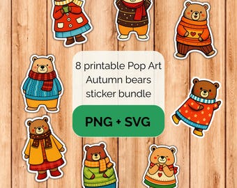 Pop Art autumn bears sticker bundle - PNG SVG digital download