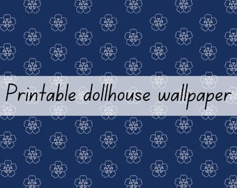 Blue sakura flowers dollhouse wallpaper 1:6 scale printable download