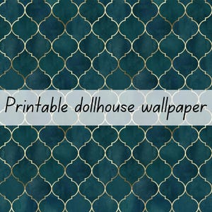 Green and gold dollhouse wallpaper middle eastern Moroccan design 1:6 scale printable download