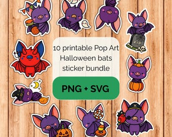 Pop Art Kawaii Halloween bats sticker bundle - PNG SVG digital download