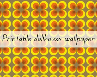 May include: A printable dollhouse wallpaper featuring a repeating geometric pattern of concentric circles in shades of yellow, orange, and brown. The text "Printable dollhouse wallpaper" is overlaid across the center of the image in black.