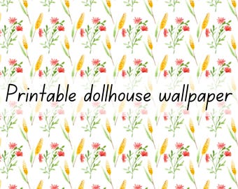 Red and yellow flower dollhouse wallpaper 1:6 scale printable download
