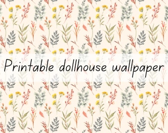 Ditsy red, yellow and blue flower dollhouse wallpaper 1:6 scale printable download