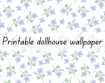 Small blue and green flower dollhouse wallpaper 1:6 scale printable download