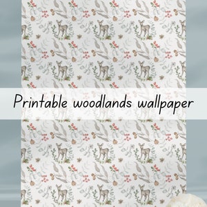 May include: Printable woodland wallpaper featuring a repeating pattern of brown deer, leaves, berries, and acorns on a white background.