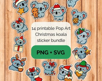 Pop Art Kawaii Christmas koala sticker bundle - PNG SVG digital download