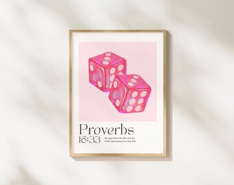Pink Dice Dopamine Dorm Room Decor, Christian Dorm Room Art, Proverbs 16:33 Dice Art Print, Pink Retro Scripture Wall Art (Digital Download)