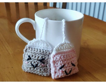 Crochet Tea Bag Bookmarks, Personalisable Tea Bags with Heart Charms, Handmade Teabag Book Marker, Birthday Present, Book Lovers
