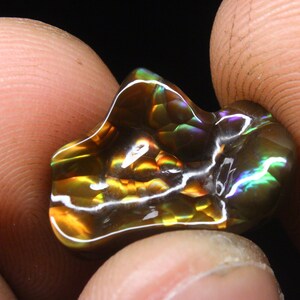 Könnte beinhalten: Ein brauner, irisierender Achat mit einer einzigartigen, freiformen Form. Der Achat hat eine Vielzahl von Farben, darunter Gold, Braun, Grün und Lila.