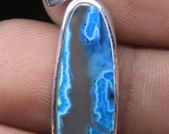 Gem Silica Necklace in 950 Silver – Rare Chrysocolla Chalcedony – Fine Artisan Jewelry – High Grade Blue Gemstone Pendant – One of a Kind