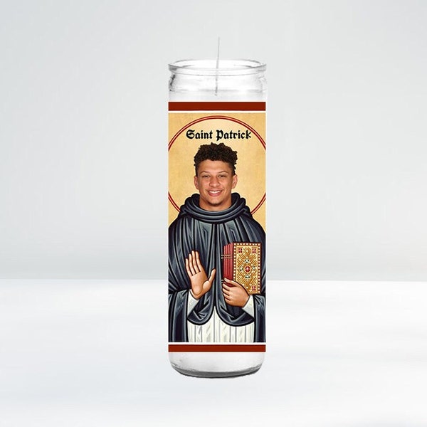 Saint Patrick Mahomes Celebrity Prayer Candle | 8" Unscented | Funny Gift Idea