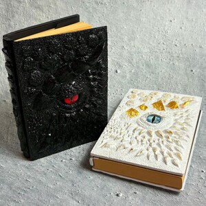 May include: Two hardcover books with textured, sculpted covers. The larger book is black with a prominent red eye at the center. The smaller book is white with gold accents and a blue eye at the center. Both books have tan pages visible at the edges.