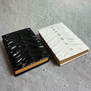 May include: Two rectangular books with textured covers featuring a raised ribcage design. One book has a glossy black cover, and the other has a matte white cover. Both books have tan-colored pages visible along the edges of the book blocks.