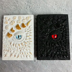 May include: Two rectangular journals with textured covers. The left journal is white with gold accents and a central blue eye. The right journal is black with a central red eye. Both covers feature raised, scale-like patterns and sculpted details.